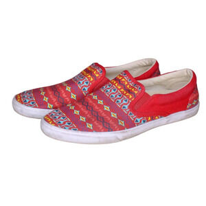 Bucket Feet Slip On Canvas Sneakers Vermillion Red Geometric Print Low Too 9